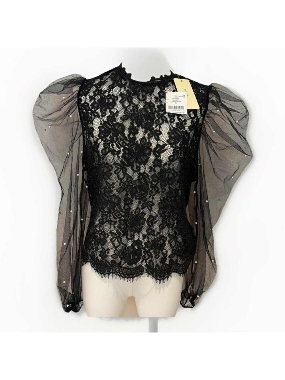 Y2K Sheer Lace Top Juniors XL Mesh Puff Sleeves Dark Fairy Whimsigoth Witchy NWT